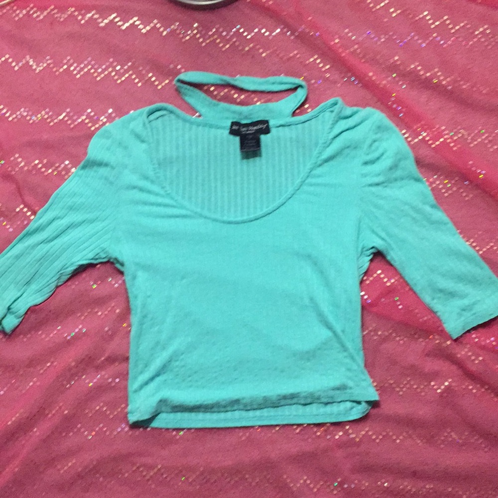 Turquoise Spandex crop top with choker.